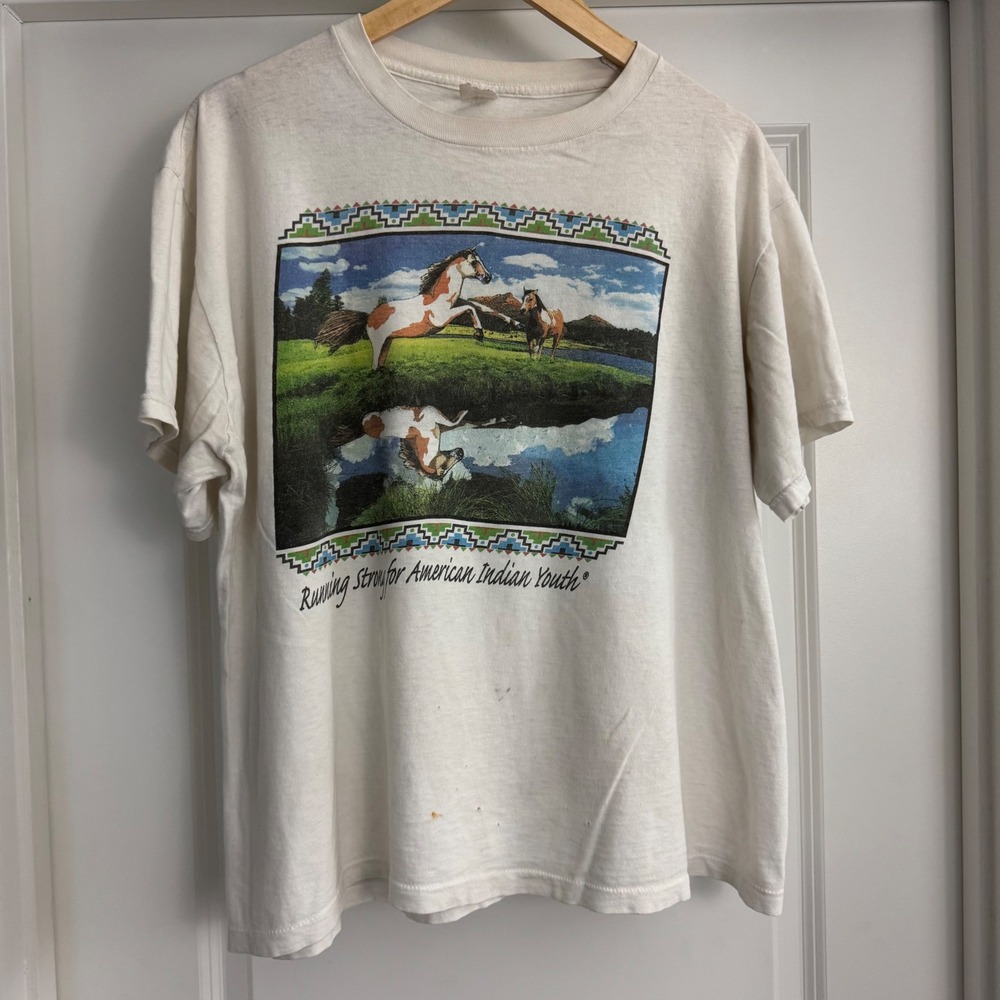 Vintage Running Strong for American Indian Youth Horse T-Shirt Tee Distressed L